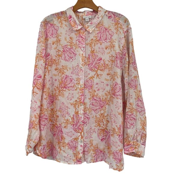 J. Jill Tops - J. Jill Love Linen Coral Turtle White Pink Print Button Front Shirt top size XL